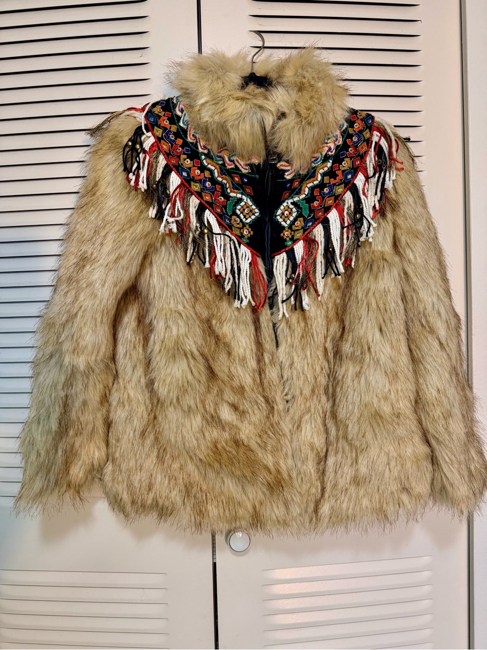 Zara Beige Faux-Fur Jacket with Embroidered Fringe Yoke